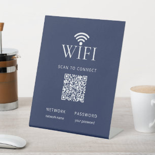 Moderne Navy Blue WiFi Netwerk Wachtwoord QR Code Reclamebord Met Voetstuk