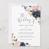Moderne Navy Blush Bloemen Bruiloft Kaart (Voorkant)