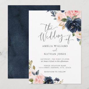 Moderne Navy Blush Bloemen Bruiloft Kaart