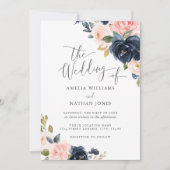 Moderne Navy Blush Bloemen Huwelijk Kaart (Voorkant)