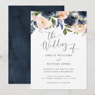 Moderne Navy Blush Watercolor Bloemen Bruiloft Kaart