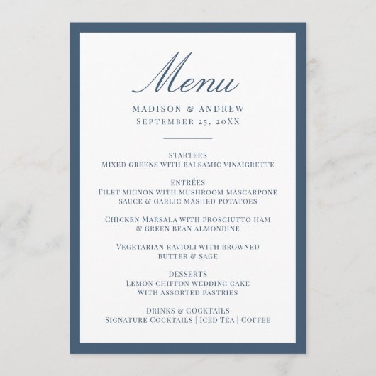Moderne Navy Border Bruiloft Menu (Voorkant)