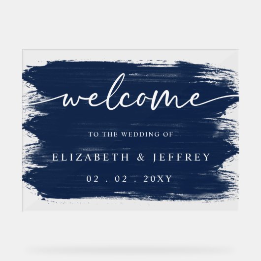 Moderne Navy Brush Strokes Bruiloft Welkom Acryl Bord (Voorkant)