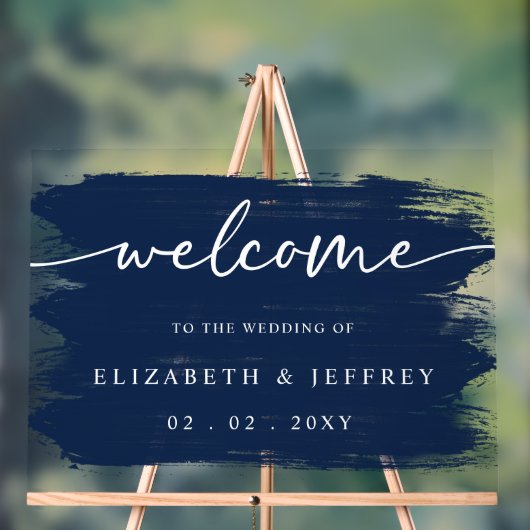 Moderne Navy Brush Strokes Bruiloft Welkom Acryl Bord (Neutraal)