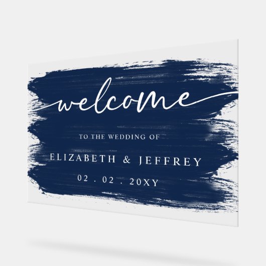 Moderne Navy Brush Strokes Bruiloft Welkom Acryl Bord (Hoek)