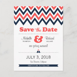 Moderne Navy Coral Chevron Lovebirds Save the Date Aankondigingskaart