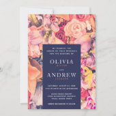 Moderne Navy Coral Waterverf Bloemenbruiloft Kaart (Voorkant)