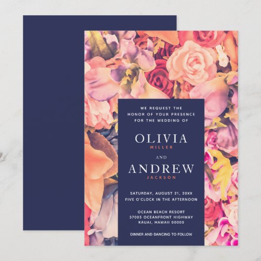 Moderne Navy Coral Waterverf Bloemenbruiloft Kaart (Voorkant / Achterkant)