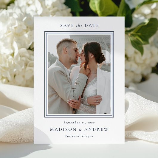 Moderne Navy Dubbele Rand 2 Foto Bruiloft Save The Date