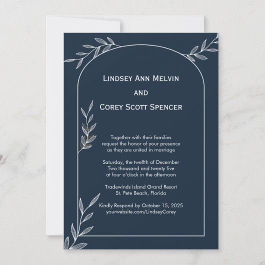 Moderne Navy en White Leaf Wedding Kaart (Voorkant)