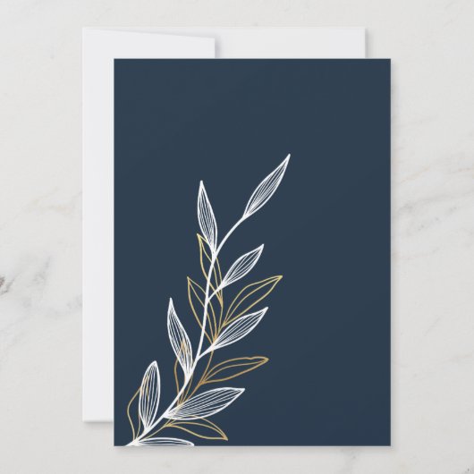 Moderne Navy en White Leaf Wedding Kaart (Achterkant)