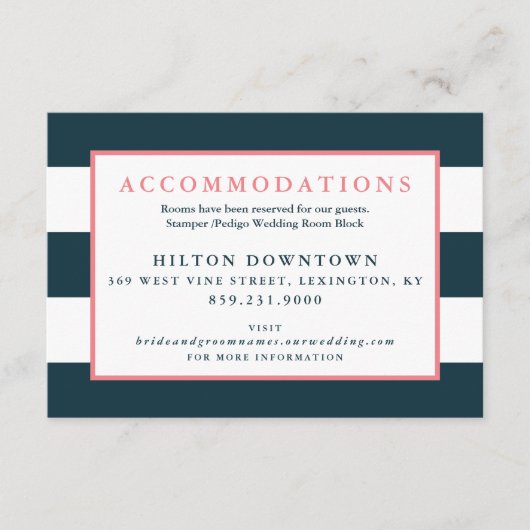Moderne Navy en White Stripe bruiloft accommodatie Informatiekaartje (Voorkant)