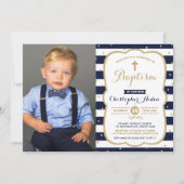 Moderne Navy Faux Gold Boy Doop Foto Kaart (Voorkant)