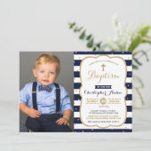 Moderne Navy Faux Gold Boy Doop Foto Kaart (Staand voorkant)