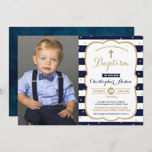 Moderne Navy Faux Gold Boy Doop Foto Kaart (Voorkant / Achterkant)