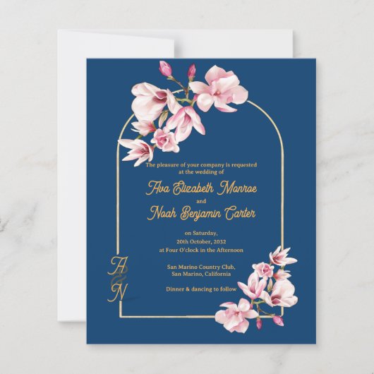 Moderne Navy Foto Bloemen Bruiloft Uitnodiging (Voorkant)