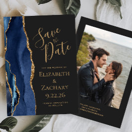 Moderne Navy Gold Agate Foto Donker Save The Date
