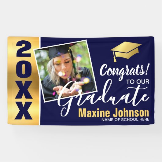 Moderne Navy & Gold Class van 2025 Foto Afstuderen Spandoek (Horizontaal)