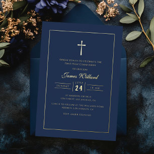 Moderne Navy Gold Cross Boys Eerste Communie Folie Uitnodiging