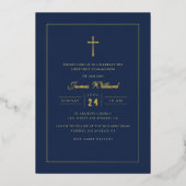 Moderne Navy Gold Cross Boys Eerste Communie Folie Uitnodiging (Voorkant)
