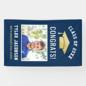 Moderne Navy Gold Foto Afstudeerfeest Spandoek (Horizontaal)