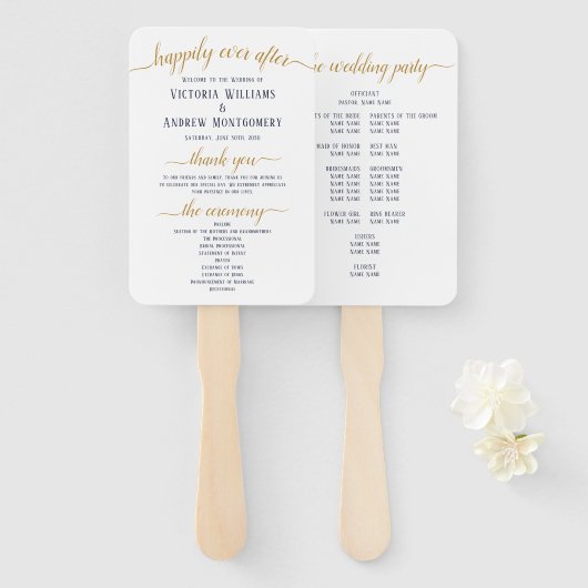Moderne 'Navy Gold Script Minimal Wedding Programm Handwaaier (Voorkant en achterkant)