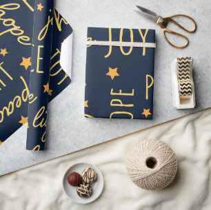 Moderne Navy & Goud Kerst Script Cadeaupapier