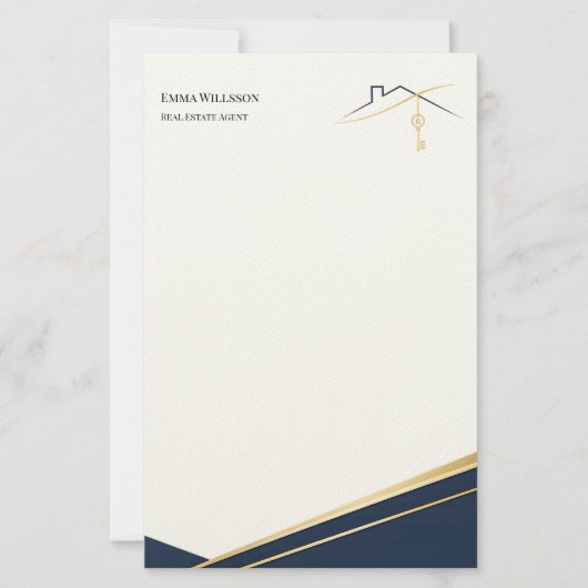 Moderne Navy Goud Luxe Makelaar Vastgoed Agent Briefpapier (Voorkant)