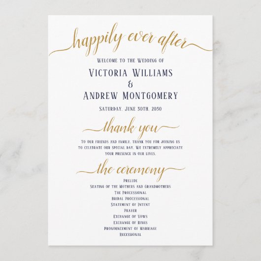 Moderne Navy Goud Schrift Minimale Trouwceremonie Programmakaart (Voorkant)