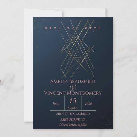 Moderne Navy Gouden Geometrische 'Save the Date'-k (Voorkant)