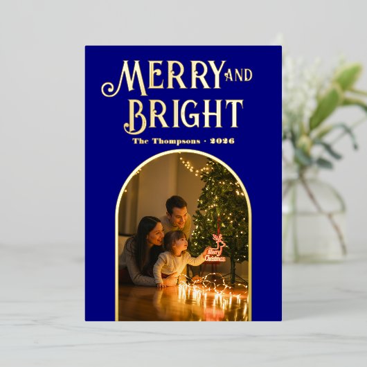 Moderne Navy & Gouden Kerst Foto Folie Feestdagenkaart (Staand Voorkant)
