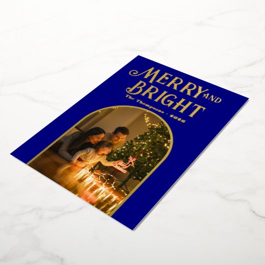 Moderne Navy & Gouden Kerst Foto Folie Feestdagenkaart (Gedraaid)