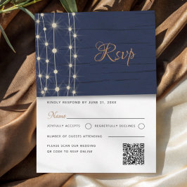 Moderne Navy & Gouden Slingerlichten Huwelijks RSV RSVP Kaartje