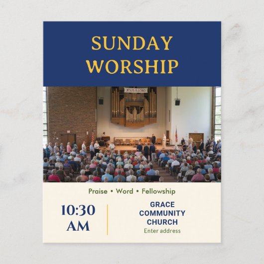Moderne Navy Gouden Zondagsdienstkerk Flyer (Voorkant)