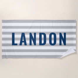 Moderne Navy Grijze Streep Monogram Naam Strandlaken