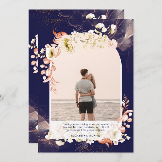 Moderne Navy Koraal Bloem Foto DANK JE WEL Bedankkaart (Voorkant / Achterkant)