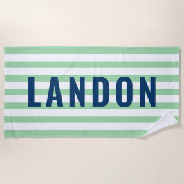 Moderne Navy Mint Streep Monogram Naam Strandlaken