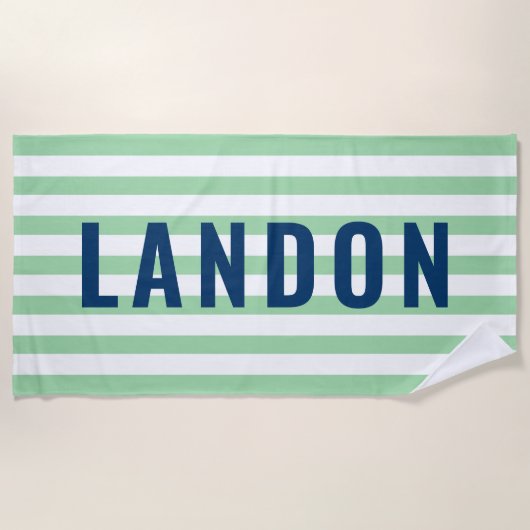 Moderne Navy Mint Streep Monogram Naam Strandlaken (Voorkant)