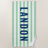 Moderne Navy Mint Streep Monogram Naam Strandlaken (Voorkant)