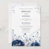 Moderne Navy Pioen Zilver Glitter Stof Bruiloft Kaart (Voorkant)