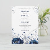 Moderne Navy Pioen Zilver Glitter Stof Bruiloft Kaart (Staand voorkant)