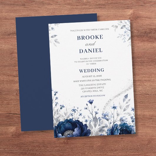 Moderne Navy Pioen Zilver Glitter Stof Bruiloft Kaart