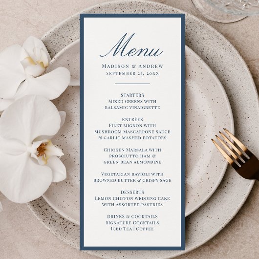 Moderne Navy Rand Trouwdag Menu