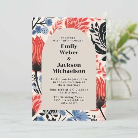 Moderne Navy Red Cream Arch Wedding Kaart (Staand voorkant)