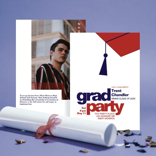 Moderne Navy & Rode Typografie Grad Feest Foto Kaart