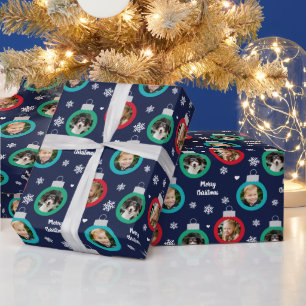 Moderne Navy Rood Groen Foto Ornament Kerstmis Cadeaupapier
