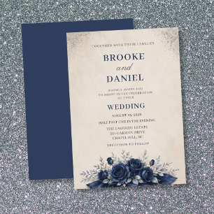 Moderne Navy Roze Overgoten Botanische Bruiloft Kaart