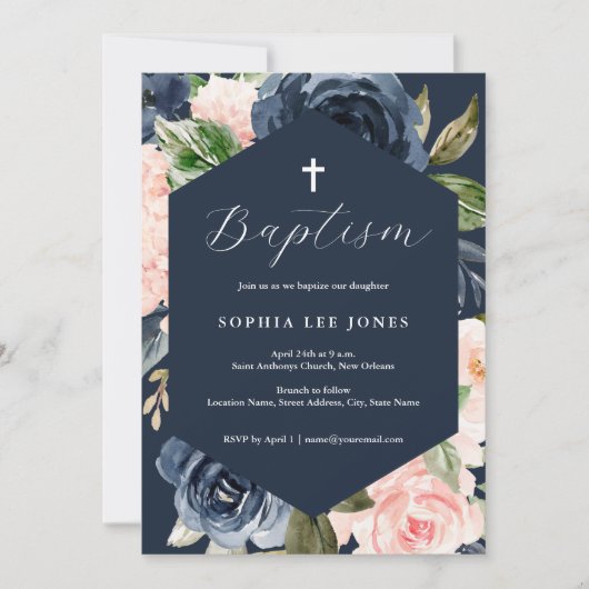 Moderne Navy Roze Perzik Bloemen Doop Kaart (Voorkant)