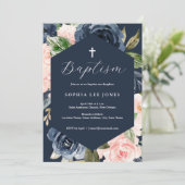 Moderne Navy Roze Perzik Bloemen Doop Kaart (Staand voorkant)