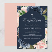 Moderne Navy Roze Perzik Bloemen Doop Kaart (Voorkant / Achterkant)